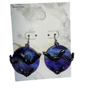 Halloween Purple Black Bats Drop Earrings NWT